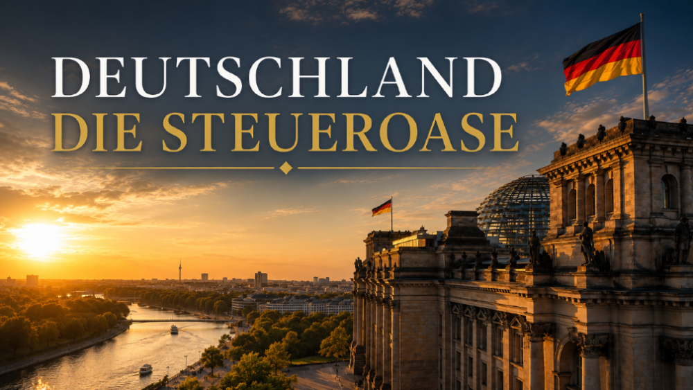 Panorama von Berlin mit dem Reichstagsgebäude und der Aufschrift Deutschland Steuerparadies.