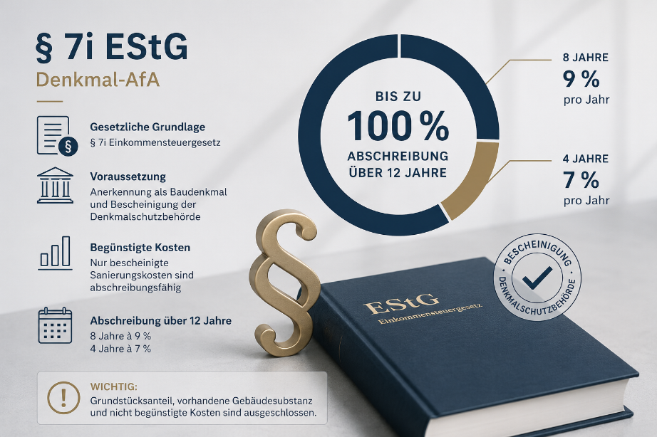 Grafik zur Denkmal-AfA gemäß § 7i EStG mit Abschreibungshinweisen.