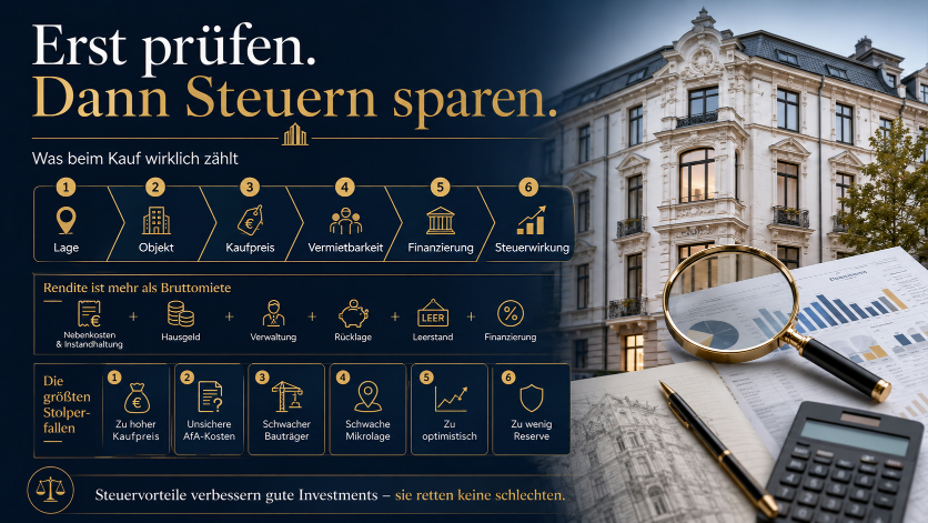 Infografik zeigt, wie Denkmalimmobilien helfen, Steuern zu sparen.