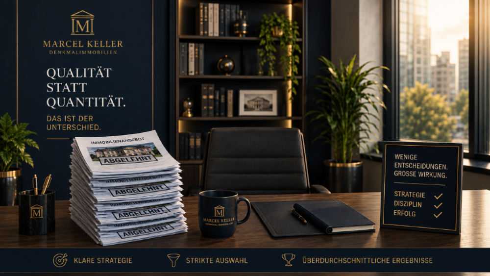 Schreibtisch mit Dokumenten und Pflanzen im Büro für Denkmalimmobilien Kapitalanleger.