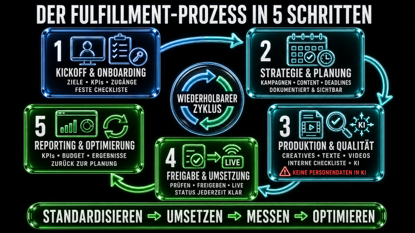 Grafik zum Fulfillment-Prozess in 5 Schritten zur Automatisierung.