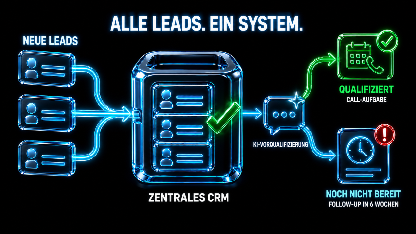 Visualisierung einer automatisierten Pipeline mit zentralem CRM für Leads.