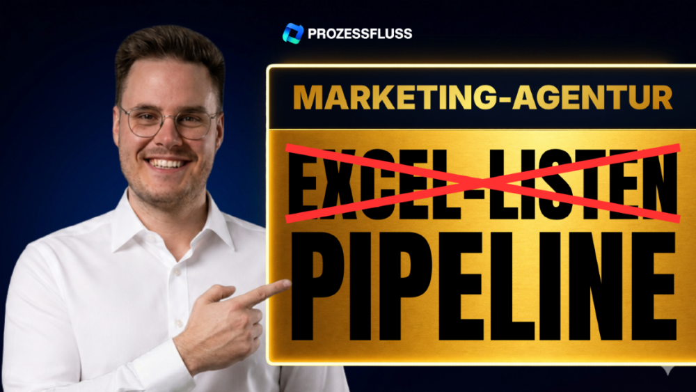 Ein lächelnder Mann zeigt auf das Wort 'Pipeline' und streicht 'Excel-Listen' durch.