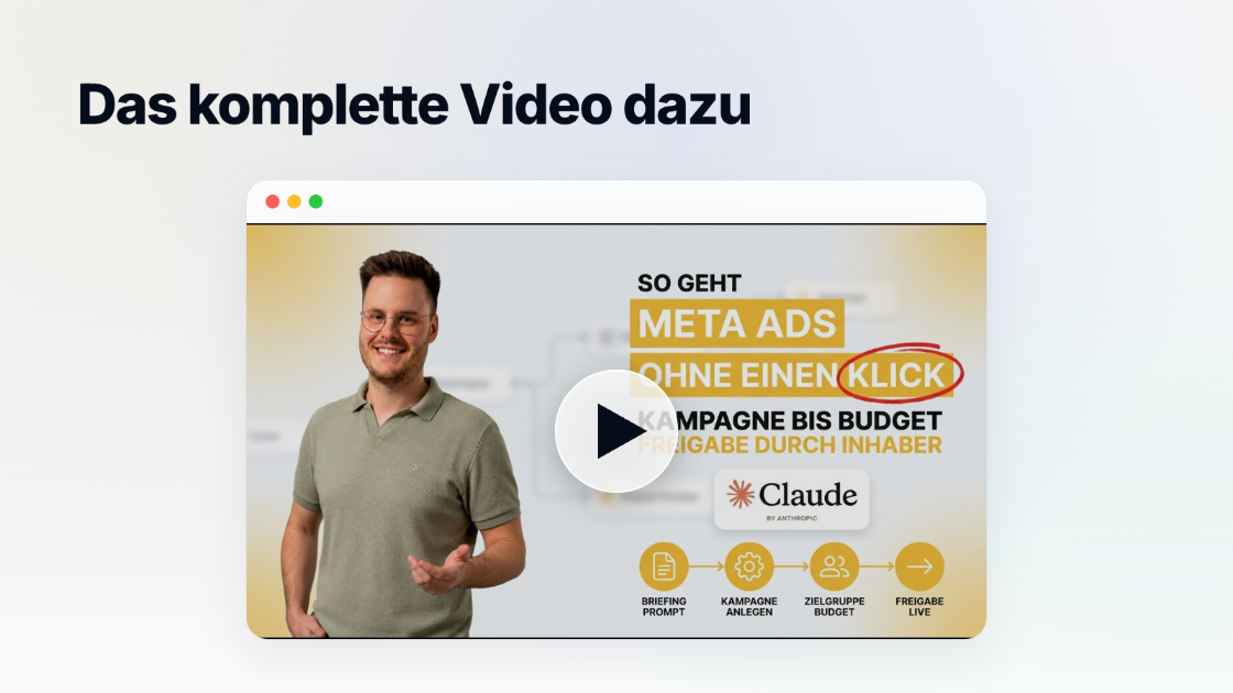 Das Video zeigt, wie man Meta Ads ohne Klicks erstellt, mit Budgetanpassungen.