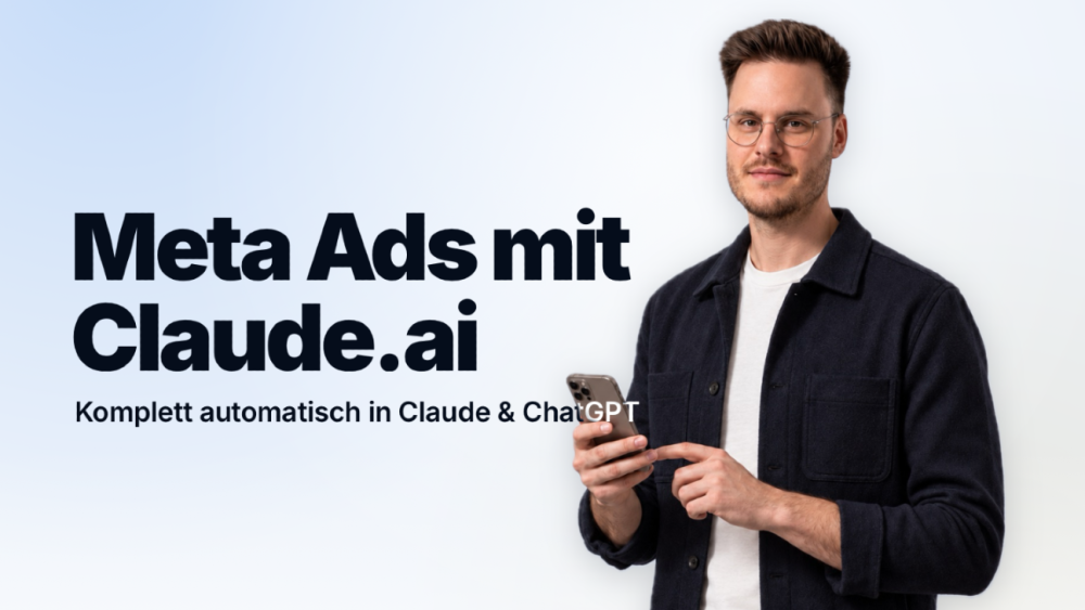 Person hält Smartphone und spricht über Meta Ads mit Claude.ai.