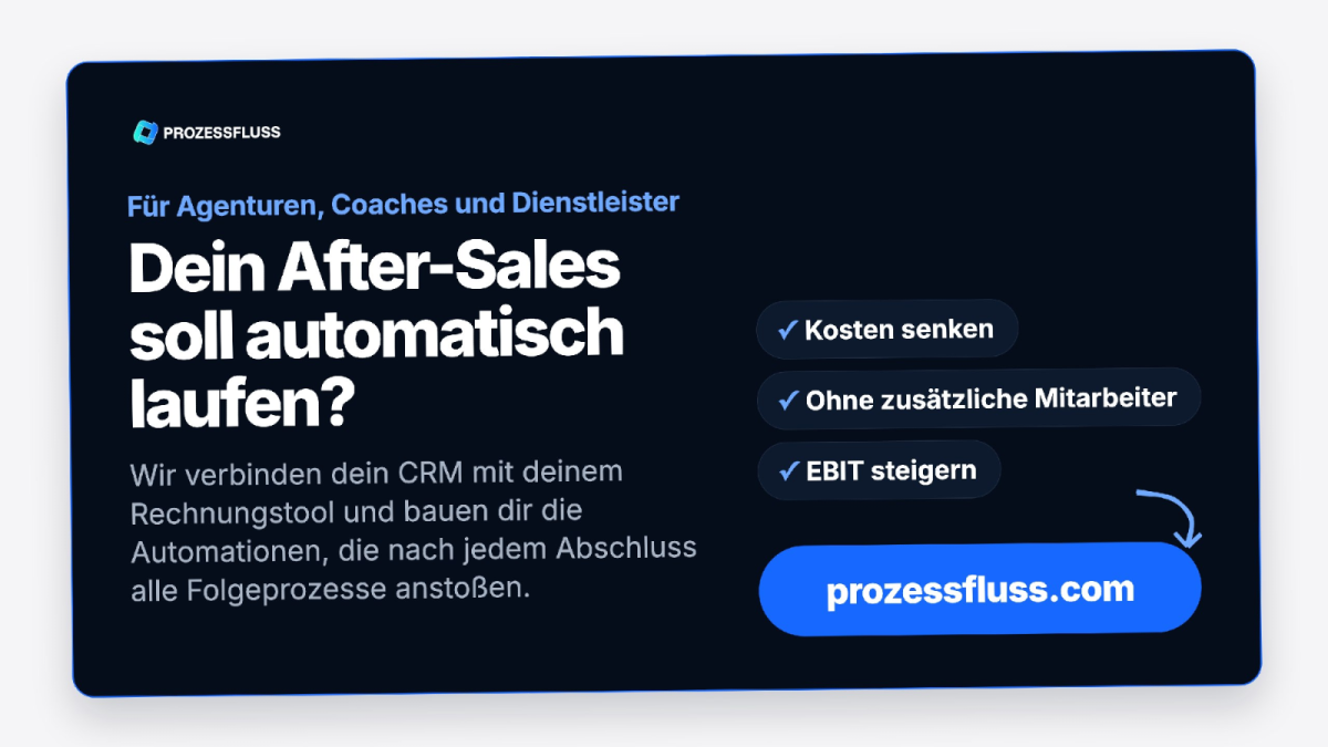 Banner zum After-Sales-Formular mit Überschrift „Dein After-Sales soll automatisch laufen?“ und Vorteilen für Agenturen.