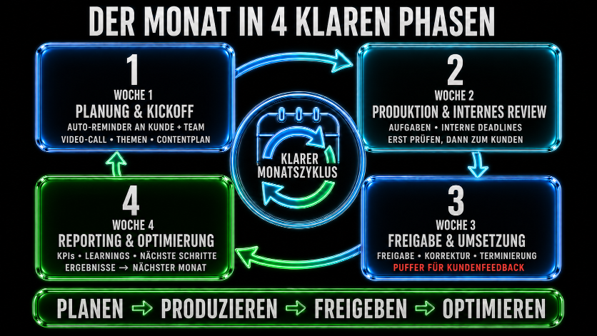 Visualisierung des Monatszyklus mit 4 Phasen: Planen, Produzieren, Freigeben, Optimieren.