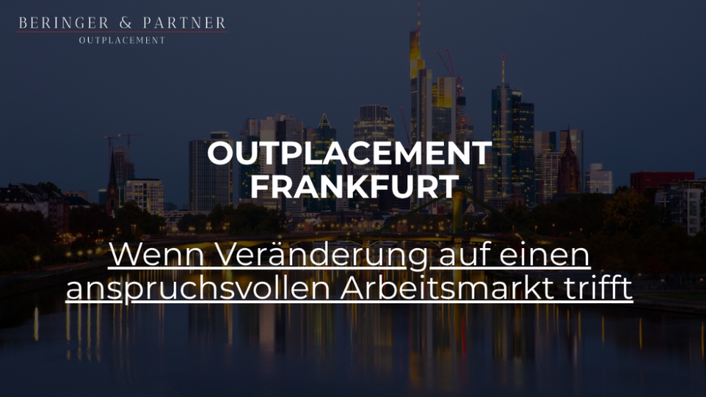 Grafik zu Outplacement in Frankfurt mit Skyline und Text über den Arbeitsmarkt.