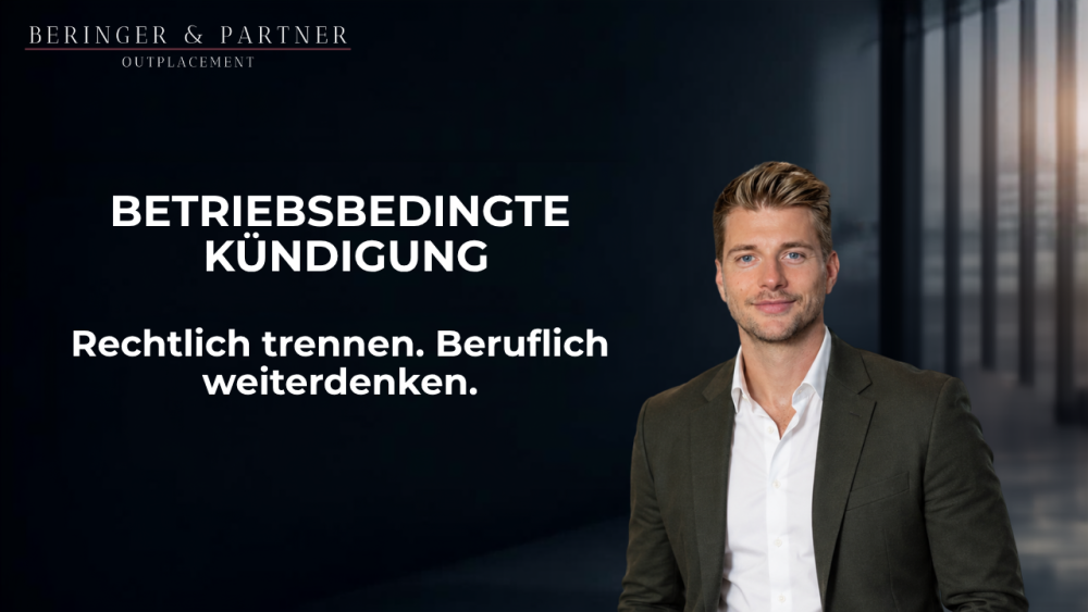 Ein Mann präsentiert Informationen zur betriebsbedingten Kündigung und beruflichen Neuorientierung.