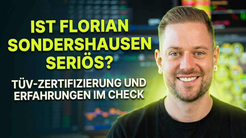 Florian Sondershausen lächelt vor Trading-Diagrammen, um seriöse TÜV-Zertifizierung und Erfahrungen zu überprüfen.