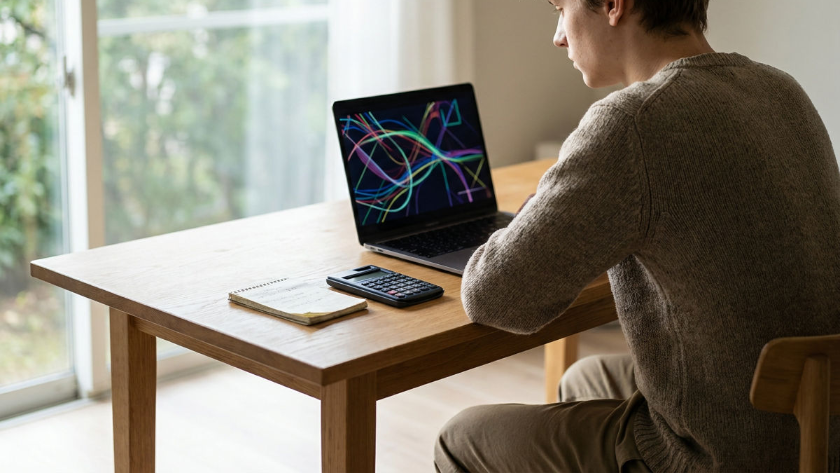 Ein Mann sitzt am Tisch mit einem Laptop, um die Frage Geld zum Traden zu klären.