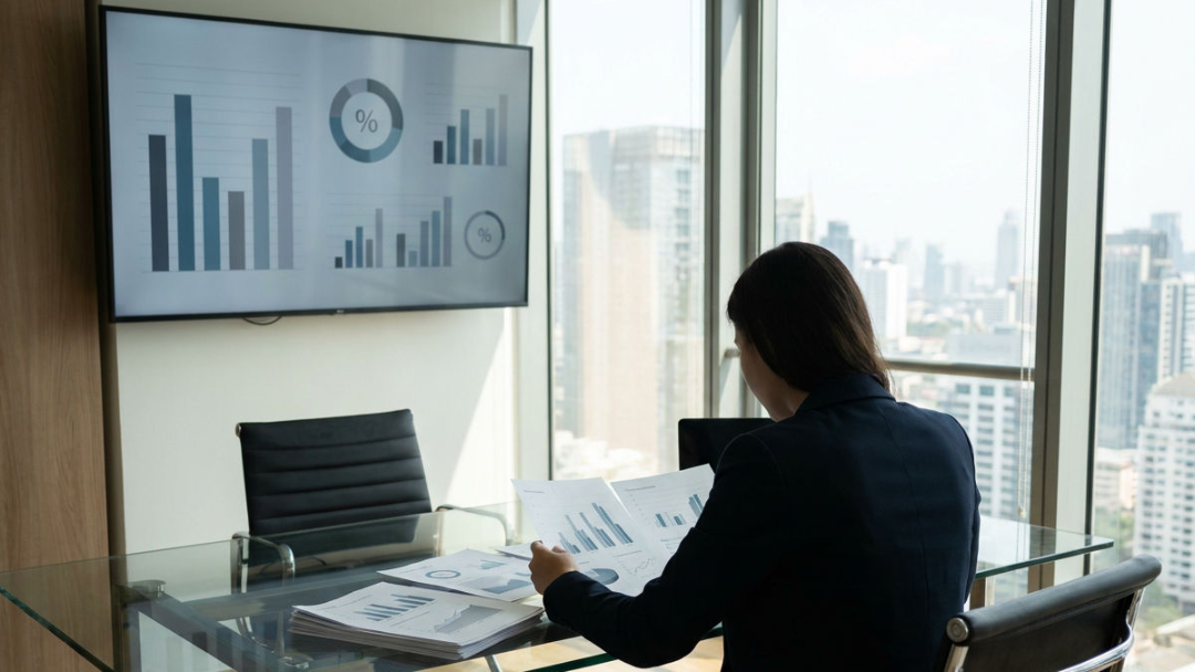 Frau analysiert Diagramme am Laptop in einem Büro – eine Szene zum Thema Trading Geld verdienen.