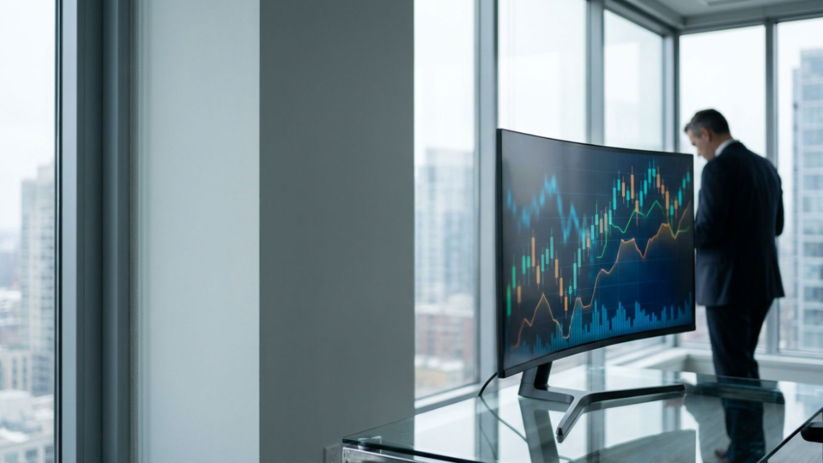 Ein Mann betrachtet eine Kursgrafik am Bildschirm im Büro; Trading Geld verdienen steht im Fokus.