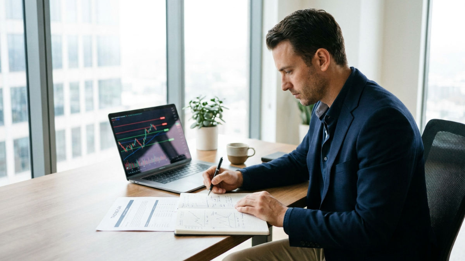 Ein Mann analysiert am Laptop einen Kurschart und notiert Zahlen – Trading Geld verdienen erfordert eine klare Strategie.