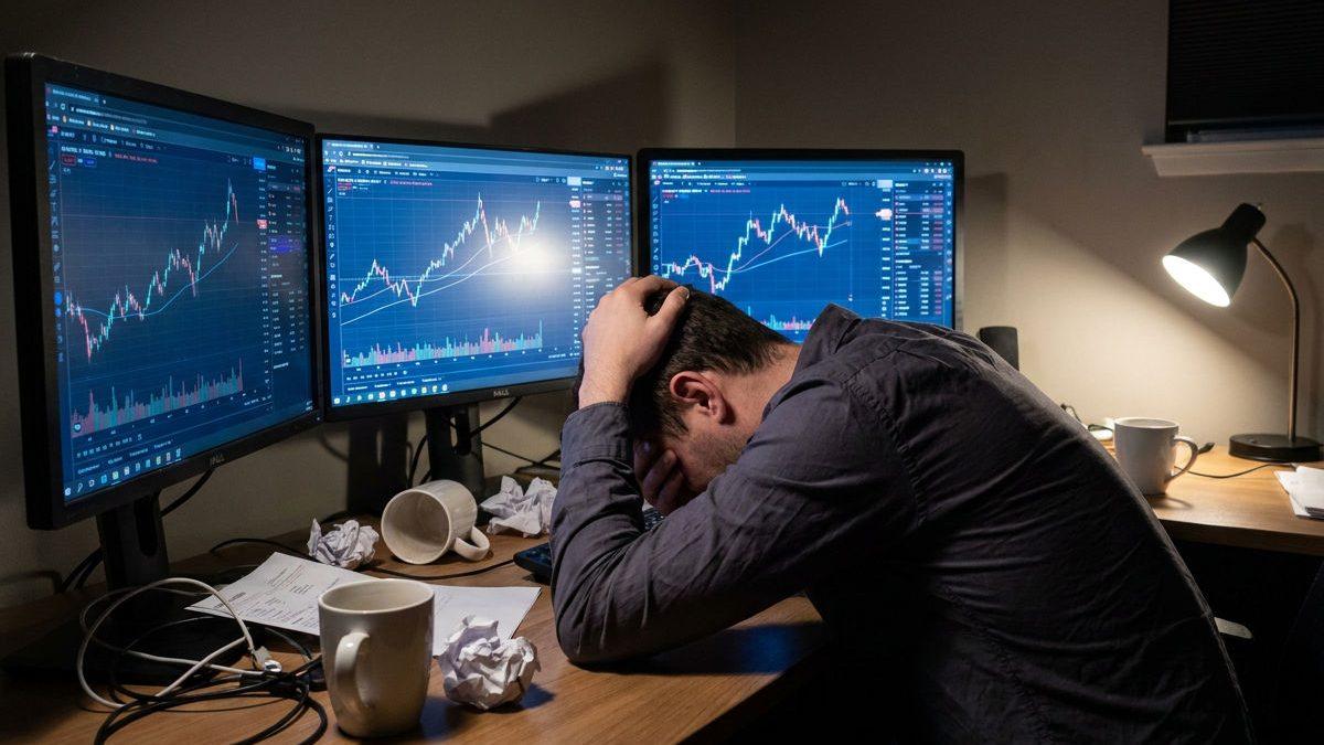 Frustrierter Trader schaut auf Charts beim Trading neben dem Vollzeitjob.