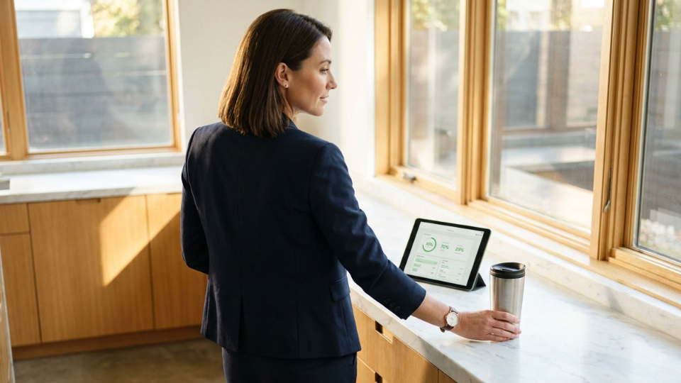 Frau betrachtet Trading-Statistiken auf einem Tablet während einer Kaffeepause.