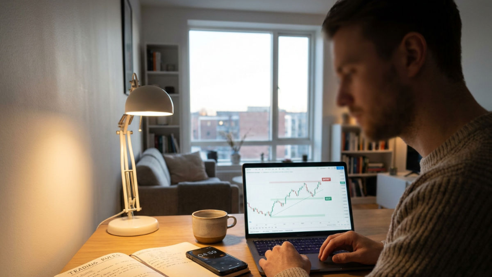 Mann analysiert Trading-Daten am Laptop neben einer Kaffeetasse.