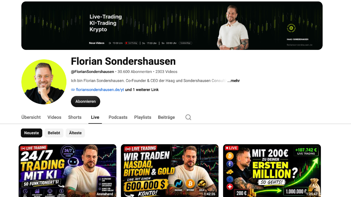 YouTube-Kanal von Florian Sondershausen über Trading und Krypto.