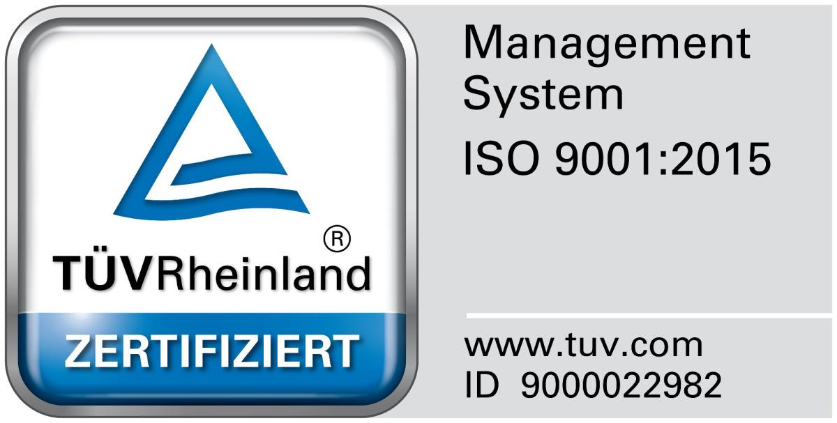 TÜV Rheinland Zertifizierung für das Management System nach ISO 9001:2015.