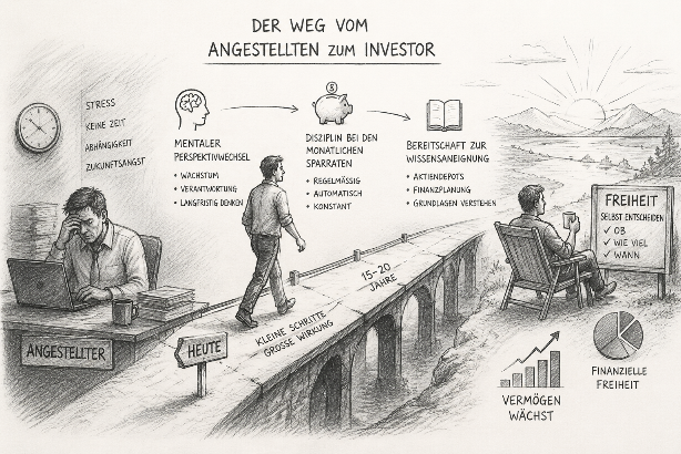 Illustration des Weges vom Angestellten zum Investor mit wichtigen Schritten.
