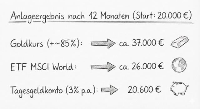 Was sind im Jahr 2025 aus 20.000 EUR geworden im Vergleich der Anlageklassen? (MH)