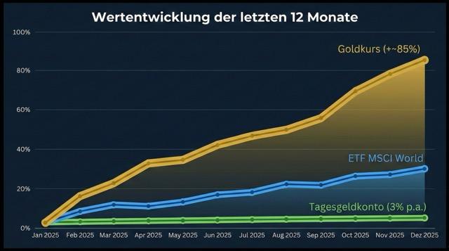 Wertentwicklung im Jahr 2025 im Vergleich zwischen Gold, MSCI World und Tagesgeldkonto (MH)
