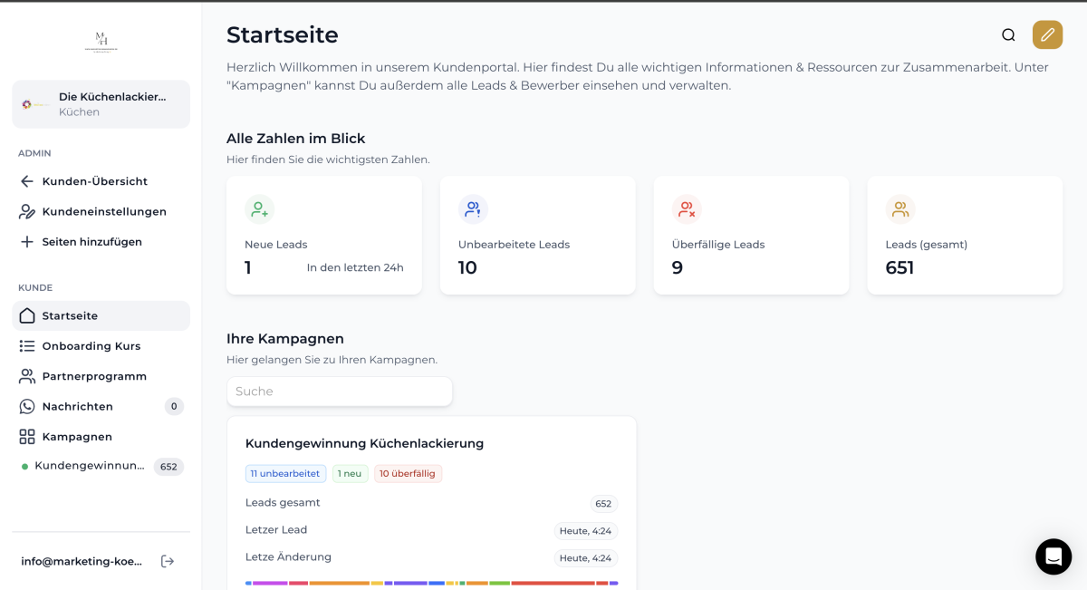 Bildschirmaufnahme vom Leadportal unseres Kunden