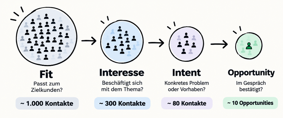 Visualisierung des Prozesses für qualifizierte Leads: Fit, Interesse, Intent und Opportunity.