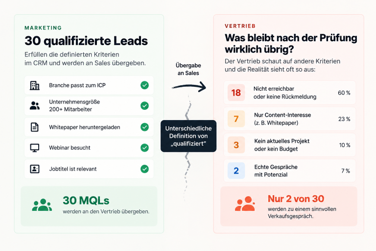 Grafik über qualifizierte Leads im Marketing und Vertrieb, die unterschiedliche Definitionen zeigt.