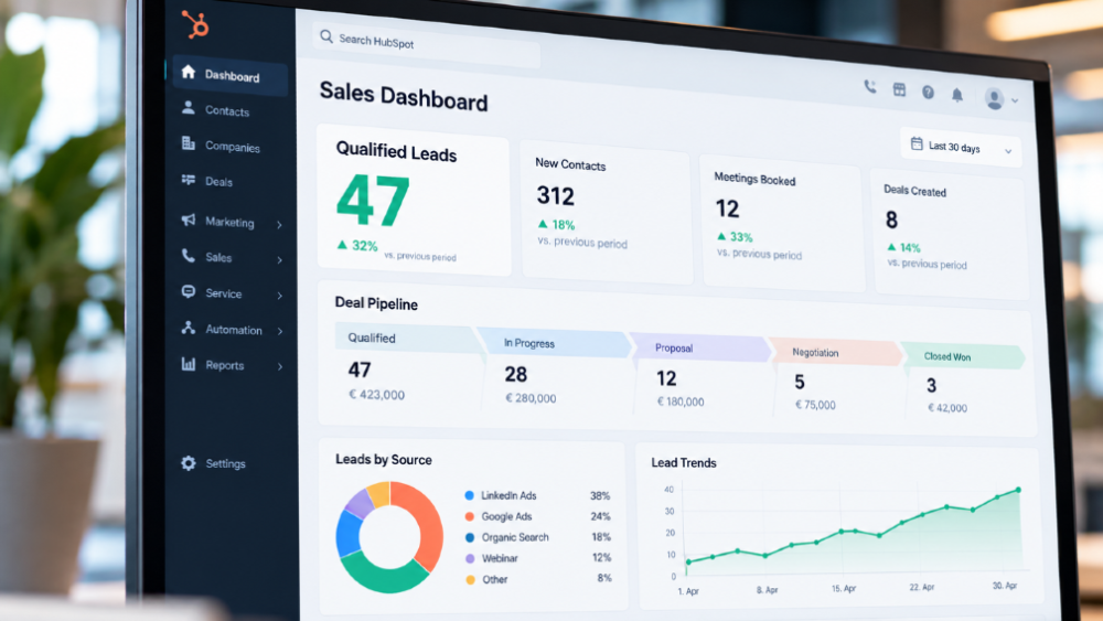 Das Sales Dashboard zeigt 47 qualifizierte Leads und wichtige Kennzahlen.