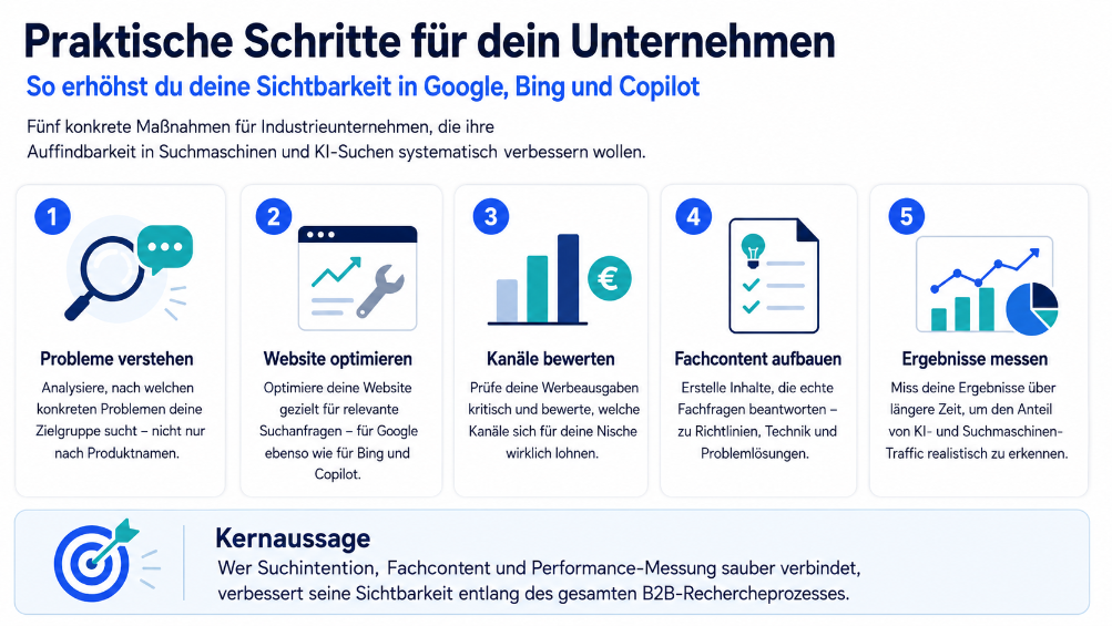 Praktische Schritte zur Sichtbarkeit in Google, Bing und Copilot.