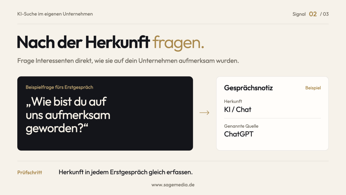 KI-Suche: Gesprächsnotiz mit der Frage „Wie bist du auf uns aufmerksam geworden?“ und den Antworten Hörfunk und ChatGPT.