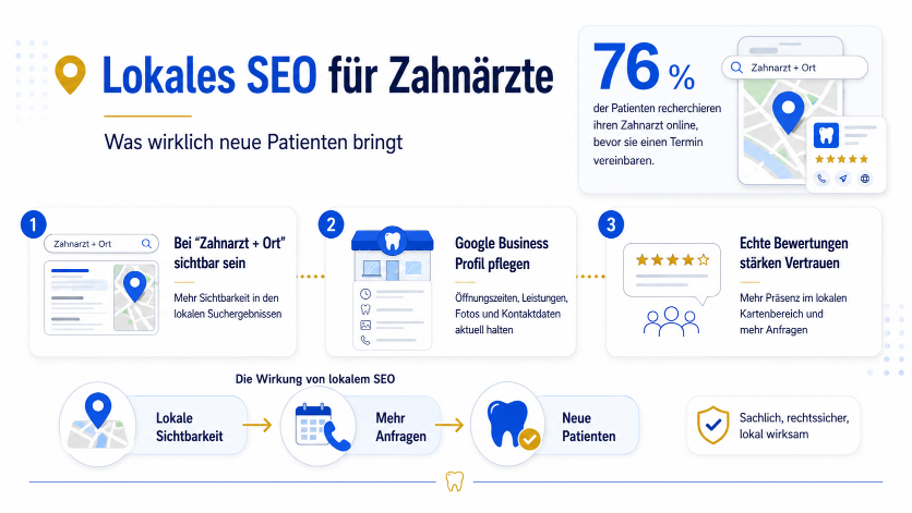 Grafik über lokales SEO für Zahnärzte und Möglichkeiten neue Patienten zu gewinnen.