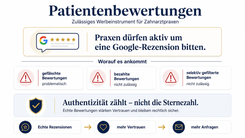 Grafik zu Patientenbewertungen für Zahnarztpraxen und zulässige Werbung auf Google.