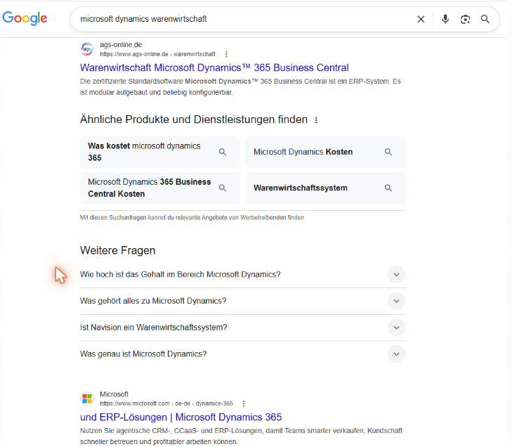 Suchergebnisse zu Microsoft Dynamics Warenwirtschaft auf Google.