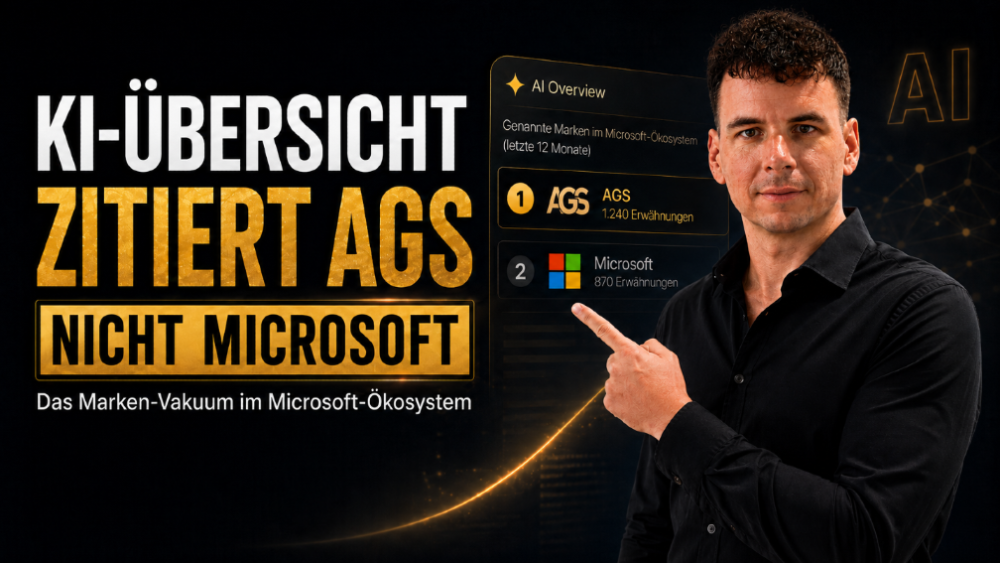 Ein Mann zeigt auf eine KI-Übersicht, die AGS statt Microsoft zitiert, was das Marken-Vakuum im Microsoft-Ökosystem verdeutlicht.