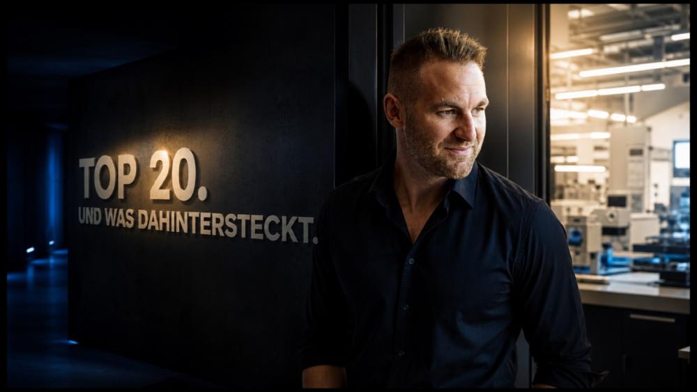 Mann steht vor Wand mit der Aufschrift 'TOP 20. UND WAS DAHINTERSTECKT'.