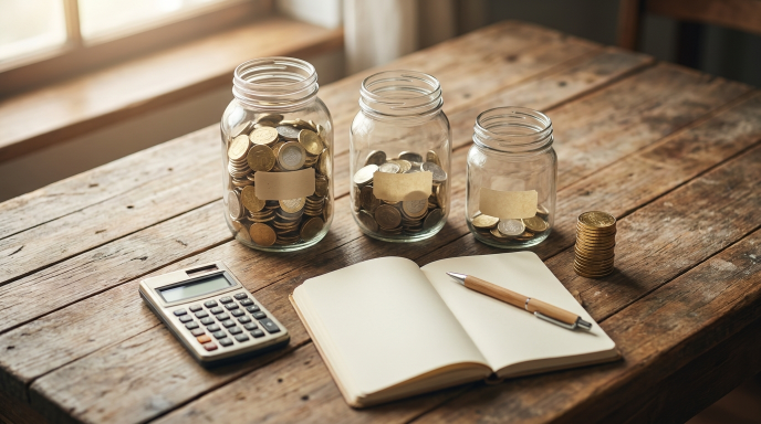 Gläser mit Geld, Taschenrechner und Notizbuch zum Thema erste Aktien.