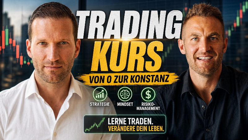 Zwei Männer präsentieren ihren Trading Kurs zur finanziellen Weiterbildung.