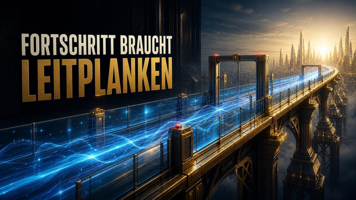 Eine futuristische Brücke mit Lichtern symbolisiert, dass Fortschritt Leitplanken braucht.