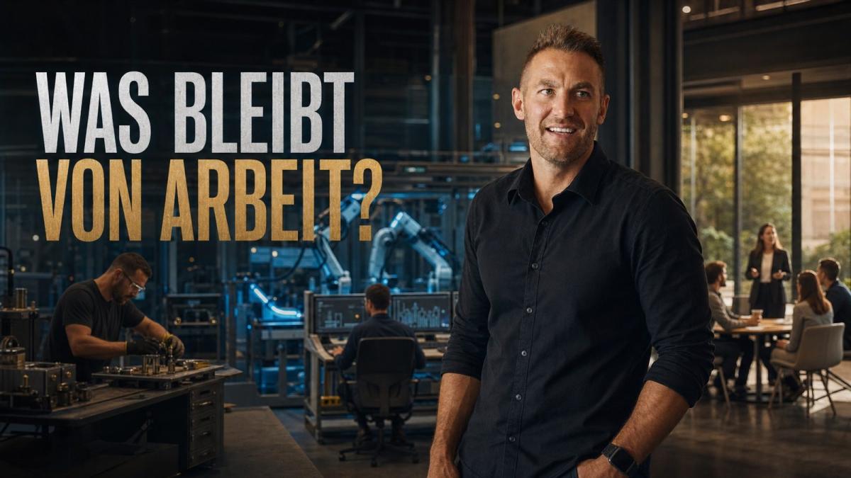 Ein Mensch steht lächelnd vor einer Automatisierungsumgebung und reflektiert die Zukunft der Arbeit.