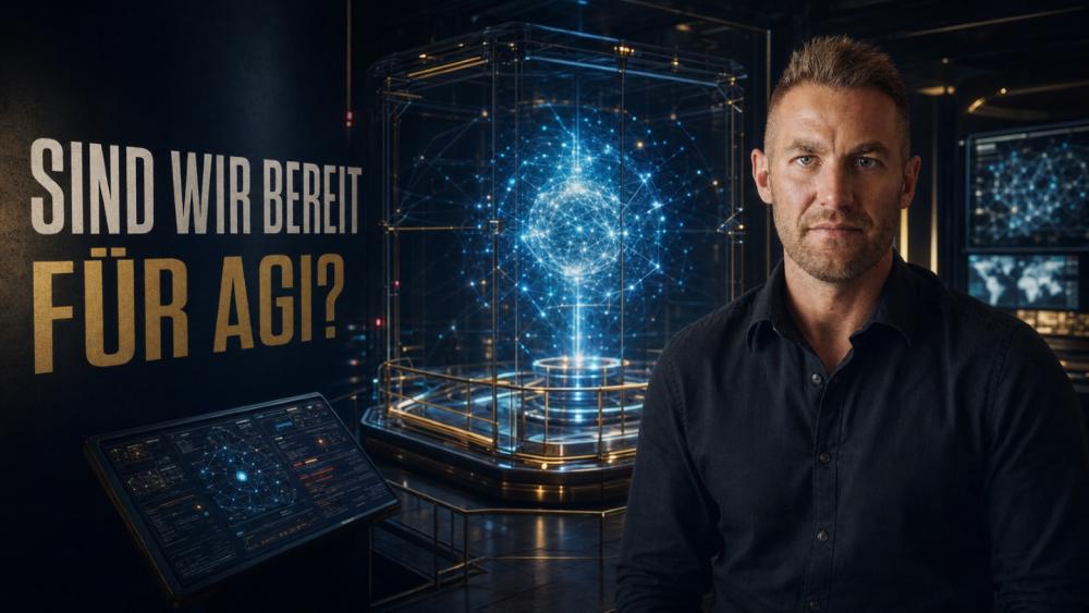 Mensch spricht über die Frage, ob wir bereit für AGI sind, vor technologischen Grafiken.