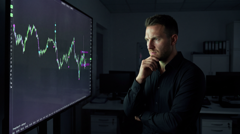 Mann analysiert Trading-Daten auf einem Bildschirm, um Trading-Gurus zu enttarnen.