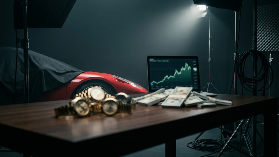 Ein Tisch mit Geld und Uhren, im Hintergrund ein Lamborghini und eine Trading-Grafik.