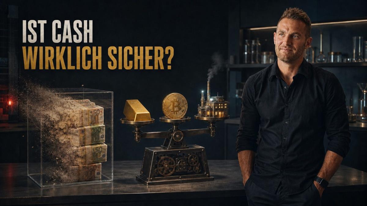 Mann steht neben einer Waage, die Gold und Bargeld vergleicht, und fragt: Ist Cash wirklich sicher?
