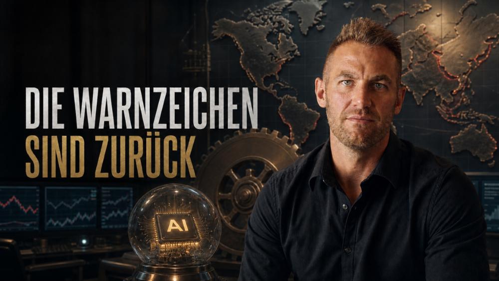 Ein Mann vor einer Weltkarte und Finanzdiagrammen mit dem Motto 'Die Warnzeichen sind zurück'.