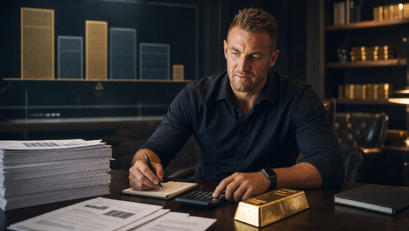 Ein Mann analysiert am Schreibtisch den Goldpreis von 38.000 Dollar.