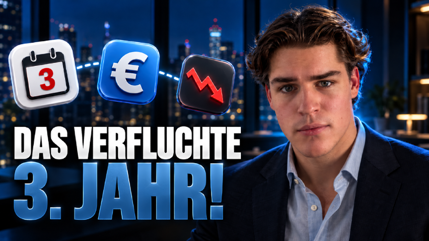 Mann blickt ernst auf das verfluchte dritte Jahr in der Finanzplanung.