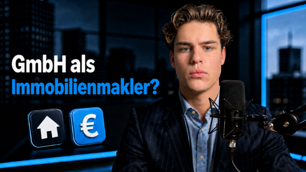 Mann diskutiert die GmbH als Immobilienmakler mit Symbolen für Haus und Euro.