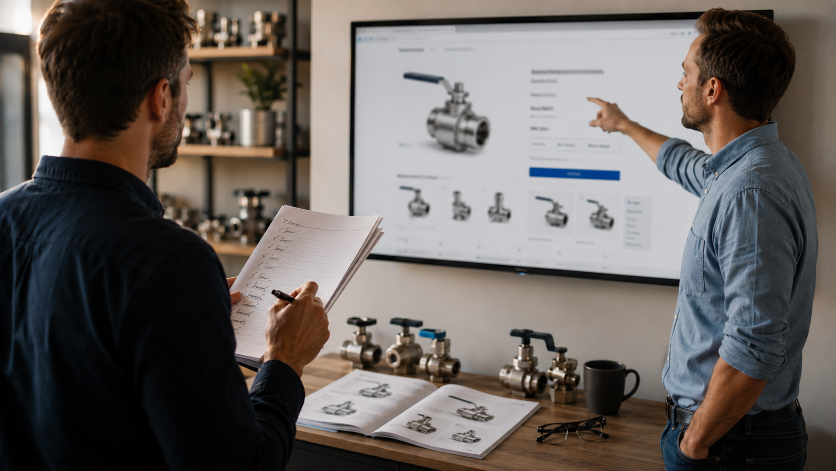 Zwei Männer diskutieren über B2B-Shop-Optimierung vor einem Bildschirm.